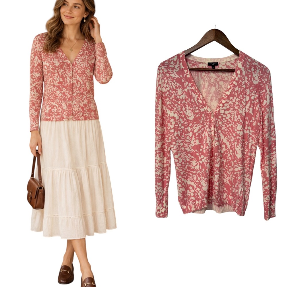 Talbots Cardigan Women MP Pink Abstract Floral V-Neck Button Front Grandmacore